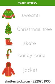 Trace the names of Christmas elements. Handwriting practice for preschool kids.