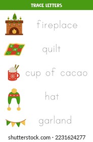 Rastrear los nombres de los elementos de Navidad. Práctica de escritura a mano para niños de preescolar.