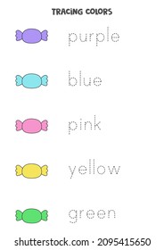 Trace the names of colors. Cute cartoon candies. Writing practice.
