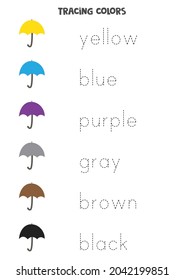 Trace the names of the colors. Handwriting practice for preschool kids.