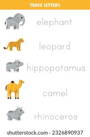 Trace the names of cute African animals. Handwriting practice for preschool kids.