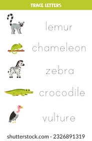 Trace the names of cute African animals. Handwriting practice for preschool kids.