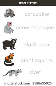 Trace the names of cute Asian animals. Handwriting practice for preschool kids.