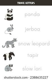 Trace the names of cute Asian animals. Handwriting practice for preschool kids.