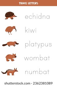 Trace the names of cute Australian animals. Handwriting practice for preschool kids.