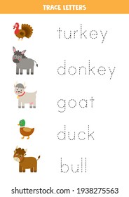 Trace the names of cute cartoon farm animals. Handwriting practice for preschool kids.