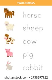 Trace The Names Of Cute Cartoon Farm Animals. Handwriting Practice For Preschool Kids.