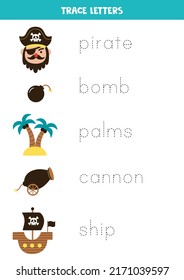 Trace the names of cute pirate elements. Handwriting practice for preschool kids.