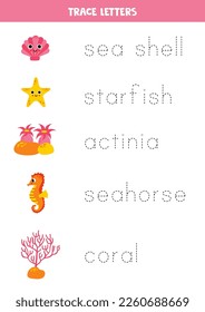 Trace the names of cute sea animals. Handwriting practice for preschool kids.