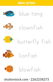 Trace the names of cute sea fish. Handwriting practice for preschool kids.
