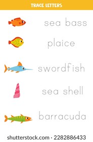 Trace the names of cute sea fish. Handwriting practice for preschool kids.