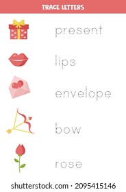 Trace the names of cute valentine elements. Handwriting practice for preschool kids.