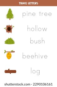 Trace the names of cute woodland elements. Handwriting practice for preschool kids.