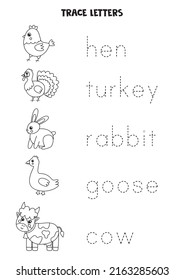 Trace the names of farm animals. Handwriting practice for preschool kids.