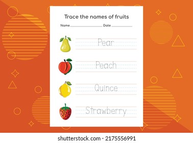 Trace the names of fruits. Handwriting practice for preschool kids.