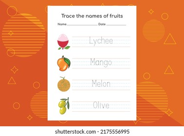 Trace the names of fruits. Handwriting practice for preschool kids.