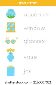 Rastrear los nombres de objetos de vidrio. Práctica de escritura a mano para niños de preescolar.