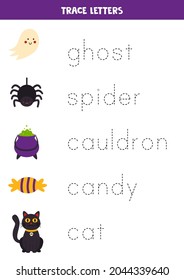 Trace the names of Halloween elements. Handwriting practice for preschool kids.
