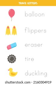 Trace the names of rubber objects. Handwriting practice for preschool kids.
