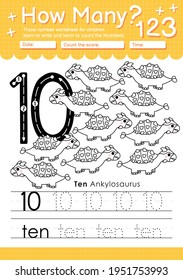 Trace number 10 worksheet for kindergarten and preshool kids