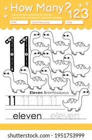 Trace number 11 worksheet for kindergarten and preshool kids