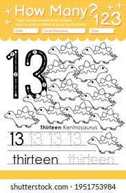 Trace number 13 worksheet for kindergarten and preshool kids