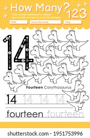 Trace number 14 worksheet for kindergarten and preshool kids