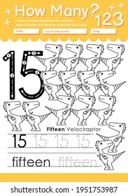 Trace number 15 worksheet for kindergarten and preshool kids