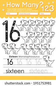 Trace number 16 worksheet for kindergarten and preshool kids