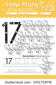 Trace number 17 worksheet for kindergarten and preshool kids