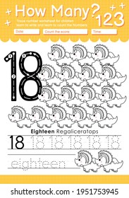 Trace number 18 worksheet for kindergarten and preshool kids