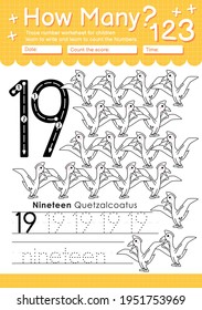 Trace number 19 worksheet for kindergarten and preshool kids