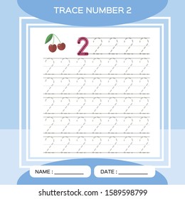 Trace number 2. Two. Children educational game. Kids learning material. Activity For Early Years. Preschool worksheet for practicing fine motor skills. Blue. Cherry.