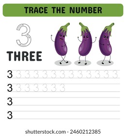 Trace the number 3. Learning the number with sweet vegetables. Printable sheet. Kindergarten flashcards with numbers, learning and spelling numbers . Vector illustration	