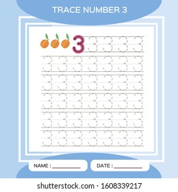 Trace number 3 Three. Children educational game. Kids learning material. Activity For Early Years. Preschool worksheet for practicing fine motor skills. Blue. Peach.