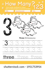 Trace number 3 worksheet for kindergarten and preshool kids