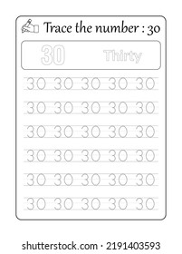 Trace the number 30. Number Tracing for kids