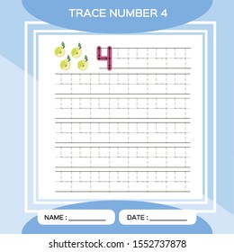 Trace number 4 Four. Children educational game. Kids learning material. Activity For Early Years. Preschool worksheet for practicing fine motor skills. Blue. Apple. Vector