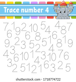 Número de seguimiento 4. Práctica de escritura a mano. Números de aprendizaje para los niños. Hoja de trabajo de desarrollo de la educación. Página Actividad. Juego para niños pequeños y preescolares. Ilustración vectorial aislada al estilo tierno de las caricaturas.