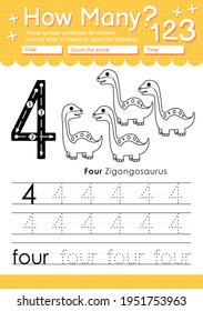 Trace number 4 worksheet for kindergarten and preshool kids