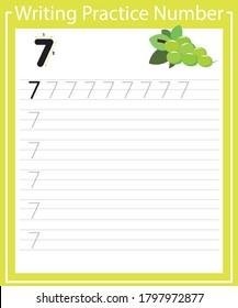 Trace number 7 and word seven. Hand writing for kids with cartoon grapes.