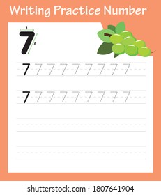 Trace number 7 and word seven. Hand writing for kids with cartoon grapes.