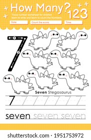 Trace number 7 worksheet for kindergarten and preshool kids