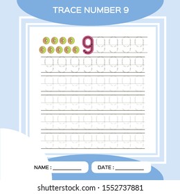 Trace number 9. Nine. Children educational game. Kids learning material. Activity For Early Years. Preschool worksheet for practicing fine motor skills. Blue. Kiwi. Vector
