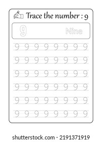Trace the number 9. Number Tracing for kids