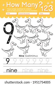 Trace number 9 worksheet for kindergarten and preshool kids