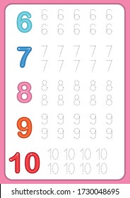 Diseño de números de seguimiento para aprender escritura a mano. Hoja de trabajo de seguimiento para niños. Ilustración vectorial.