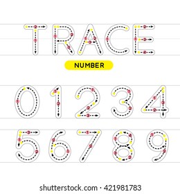 Trace number design for learning handwriting. Vector Illustration.