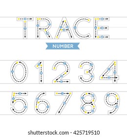 Trace number design for learning handwriting. Vector Illustration.