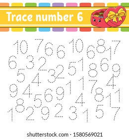 Trace number. Handwriting practice. Learning numbers for kids. Education developing worksheet. Activity page. Game for toddlers and preschoolers. Isolated vector illustration in cute cartoon style.